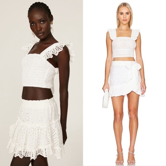 MISA LOS ANGELES Eyelet Flutter Strap‎ Tie Back Square Neck Smocked Crop Top S - Picture 12 of 16